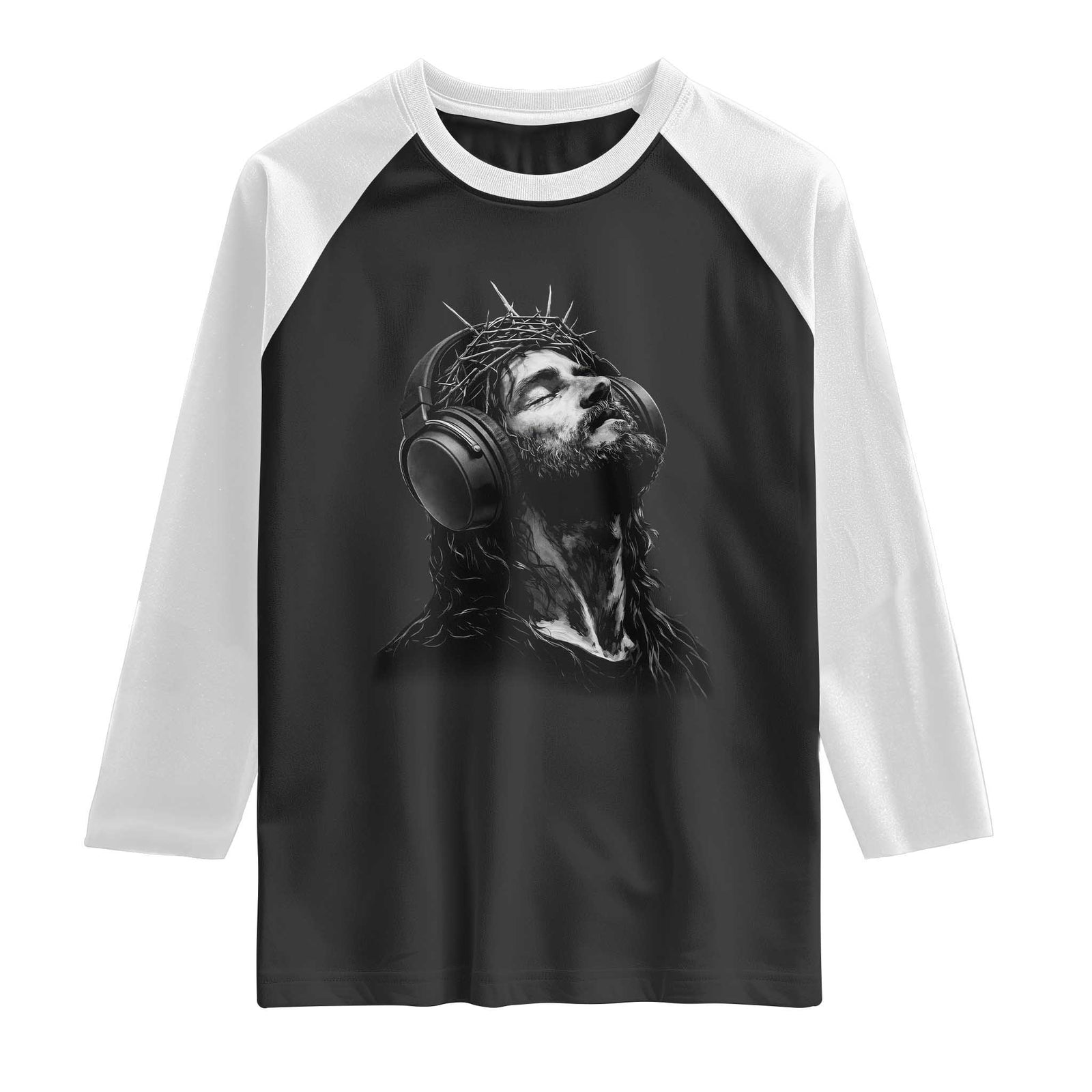 Jesus with Headphones Christ Religious Christian Music Lover Raglan Shirt