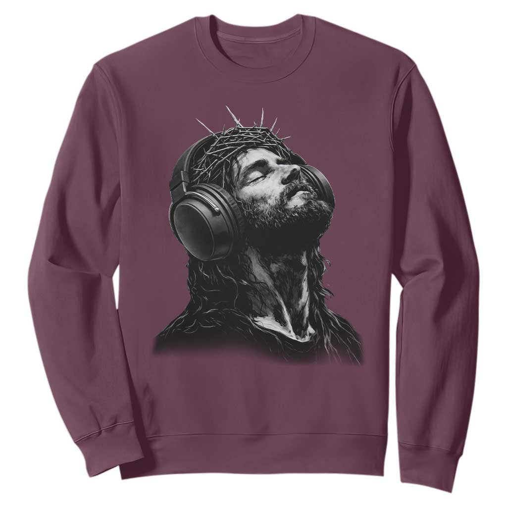 Jesus with Headphones Christ Religious Christian Music Lover Sweatshirt