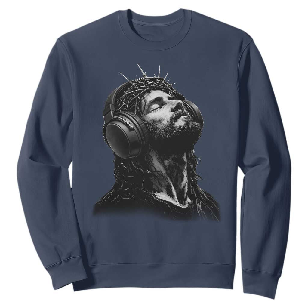Jesus with Headphones Christ Religious Christian Music Lover Sweatshirt