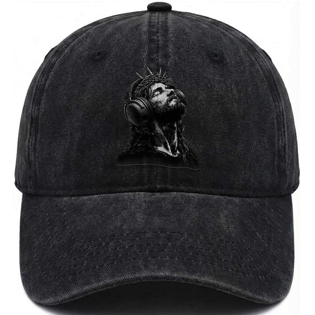Jesus with Headphones Christ Religious Christian Music Lover Washed Cotton Baseball Cap