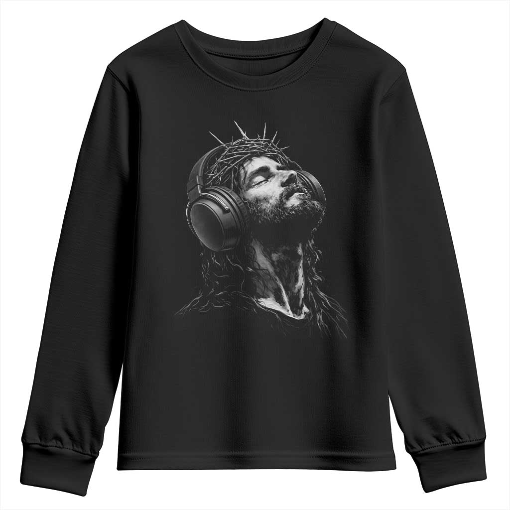 Jesus with Headphones Christ Religious Christian Music Lover Youth Sweatshirt