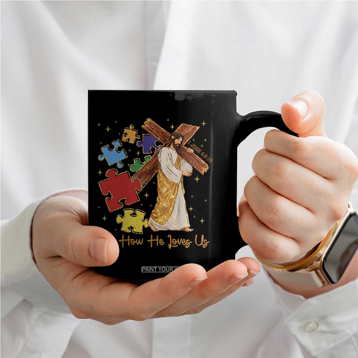 Autism Awareness Jesus Coffee Mug Oh How He Loves Us Christian Bible Verse TS11 Print Your Wear