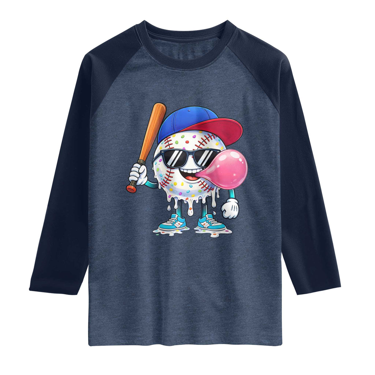 Baseball Bubble Gum Sports Game Day Raglan Shirt TS11 Heather Denim Navy Print Your Wear