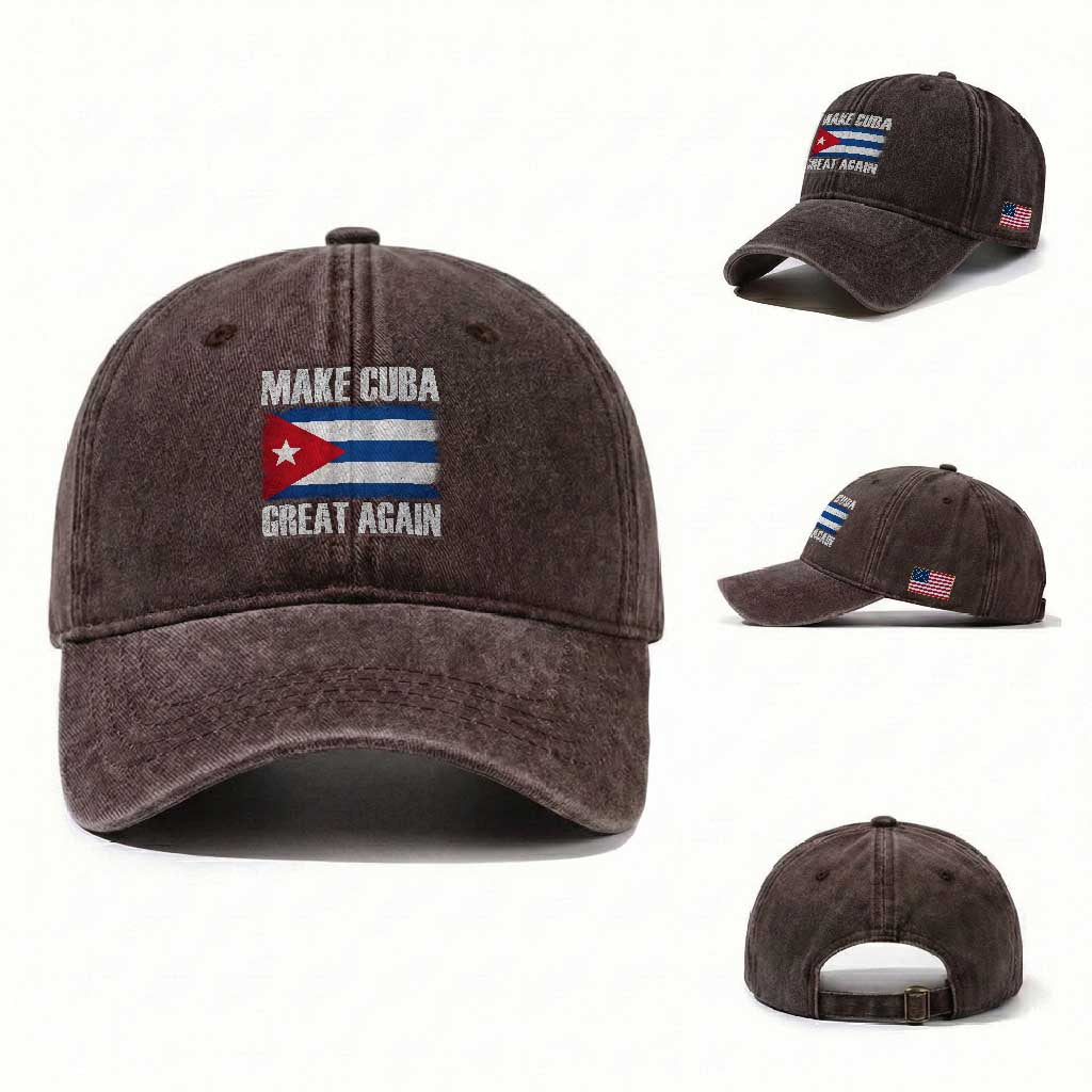 Make Cuba Great Again Washed Cotton Baseball Cap Vintage Cuban Map TS11 Washed Cap Universal Fit Dark Brown Print Your Wear