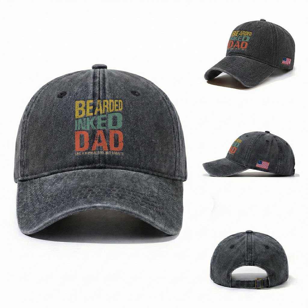 Funny Bearded Inked Dad Like A Normal Dad But Badass Washed Cotton Baseball Cap Father's Day TS11 Washed Cap Universal Fit Dark Gray Print Your Wear