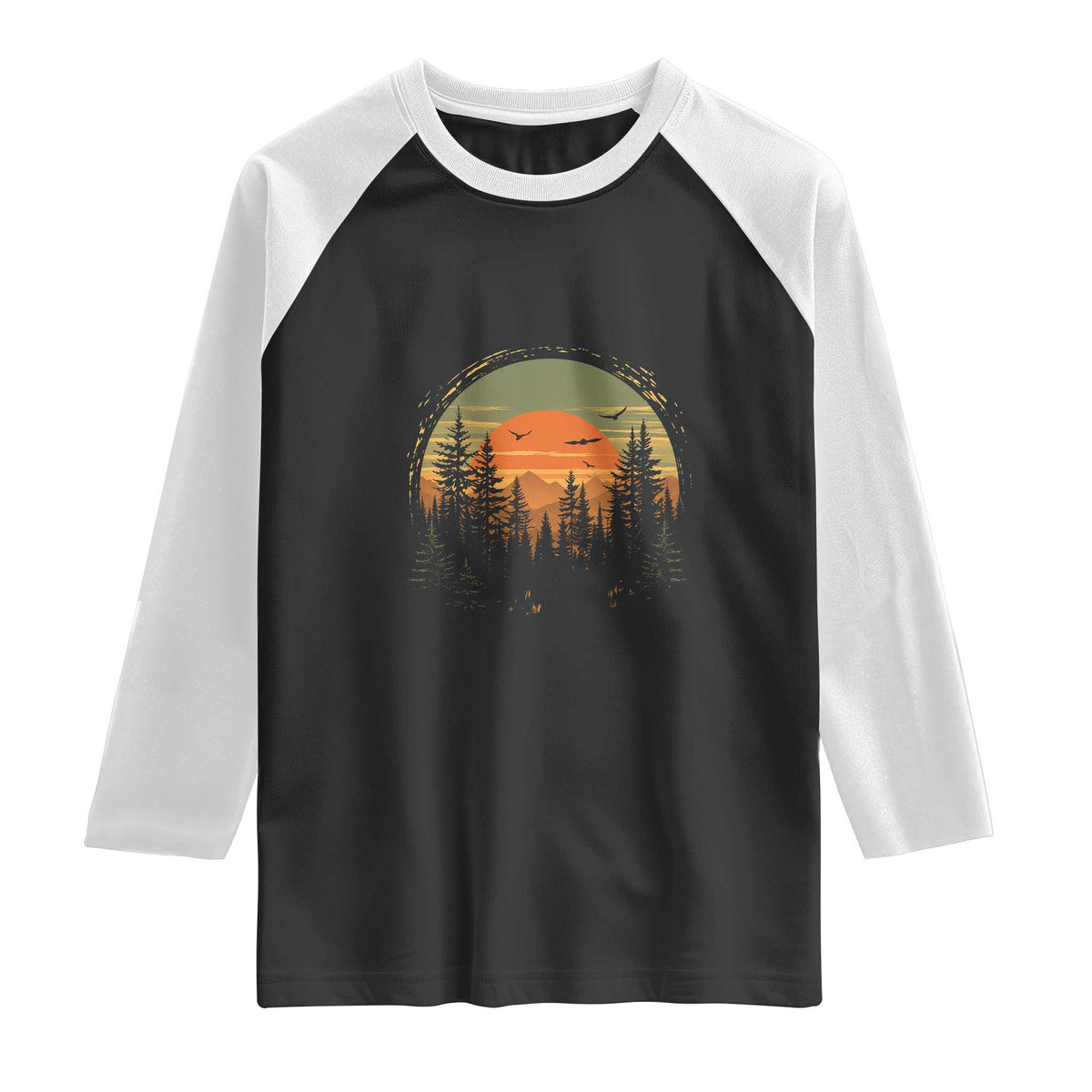 Retro Forest Trees Outdoors Nature Lover Raglan Shirt TS11 Black White Print Your Wear