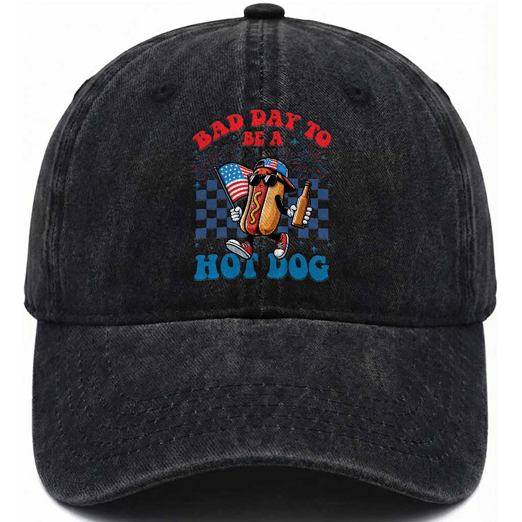 Bad Day To Be A Hot Dog 4th of July Washed Cotton Baseball Cap Funny BBQ Grilling TS11 Print Your Wear