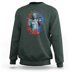 Funny Statue Of Liberty Baseball Sweatshirt 4th Of July Sport Bat American TS11 Dark Forest Green Print Your Wear