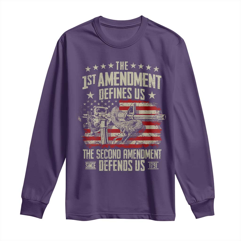 The 1st Amendment Defines Us The Second Defends Us Since 1791 Long Sleeve Shirt Vintage American Flag TS11 Purple Print Your Wear