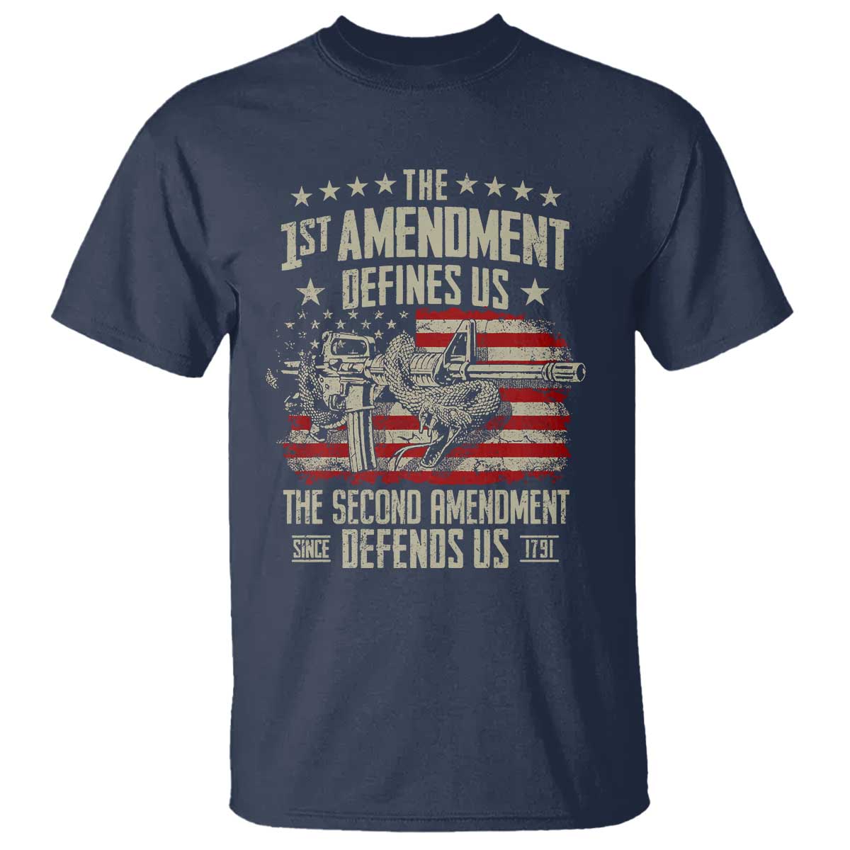 The 1st Amendment Defines Us The Second Defends Us Since 1791 T Shirt Vintage American Flag TS11 Navy Print Your Wear
