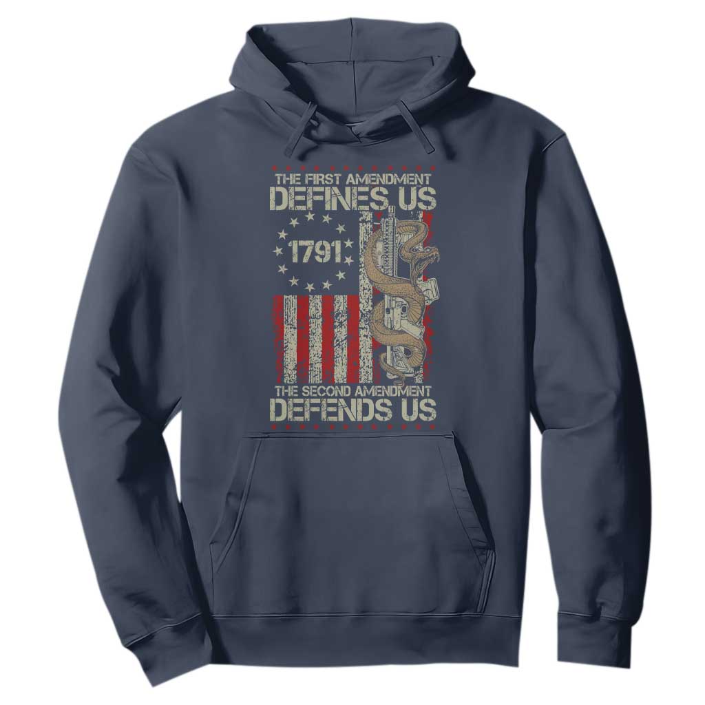 The First Amendment Defines Us The Second Defend Us Hoodie Vintage American Flag TS11 Navy Print Your Wear