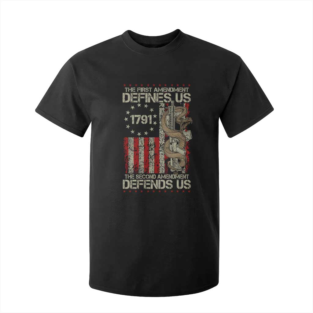 The First Amendment Defines Us The Second Defend Us T Shirt For Kid Vintage American Flag TS11 Black Print Your Wear