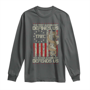 The First Amendment Defines Us The Second Defend Us Long Sleeve Shirt Vintage American Flag TS11 Dark Heather Print Your Wear