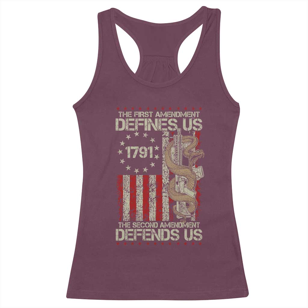 The First Amendment Defines Us The Second Defend Us Racerback Tank Top Vintage American Flag TS11 Maroon Print Your Wear