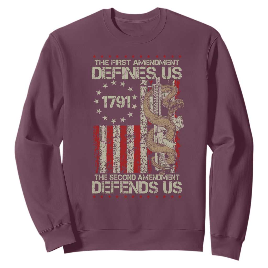 The First Amendment Defines Us The Second Defend Us Sweatshirt Vintage American Flag TS11 Maroon Print Your Wear