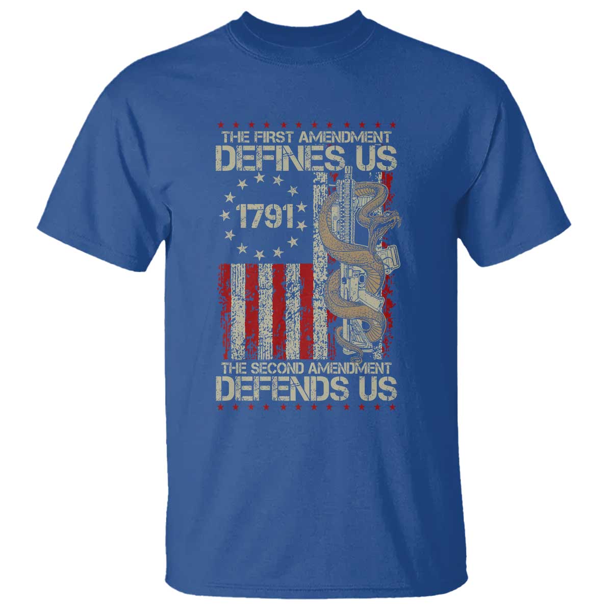 The First Amendment Defines Us The Second Defend Us T Shirt Vintage American Flag TS11 Royal Blue Print Your Wear