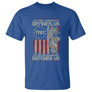 The First Amendment Defines Us The Second Defend Us T Shirt Vintage American Flag TS11 Royal Blue Print Your Wear
