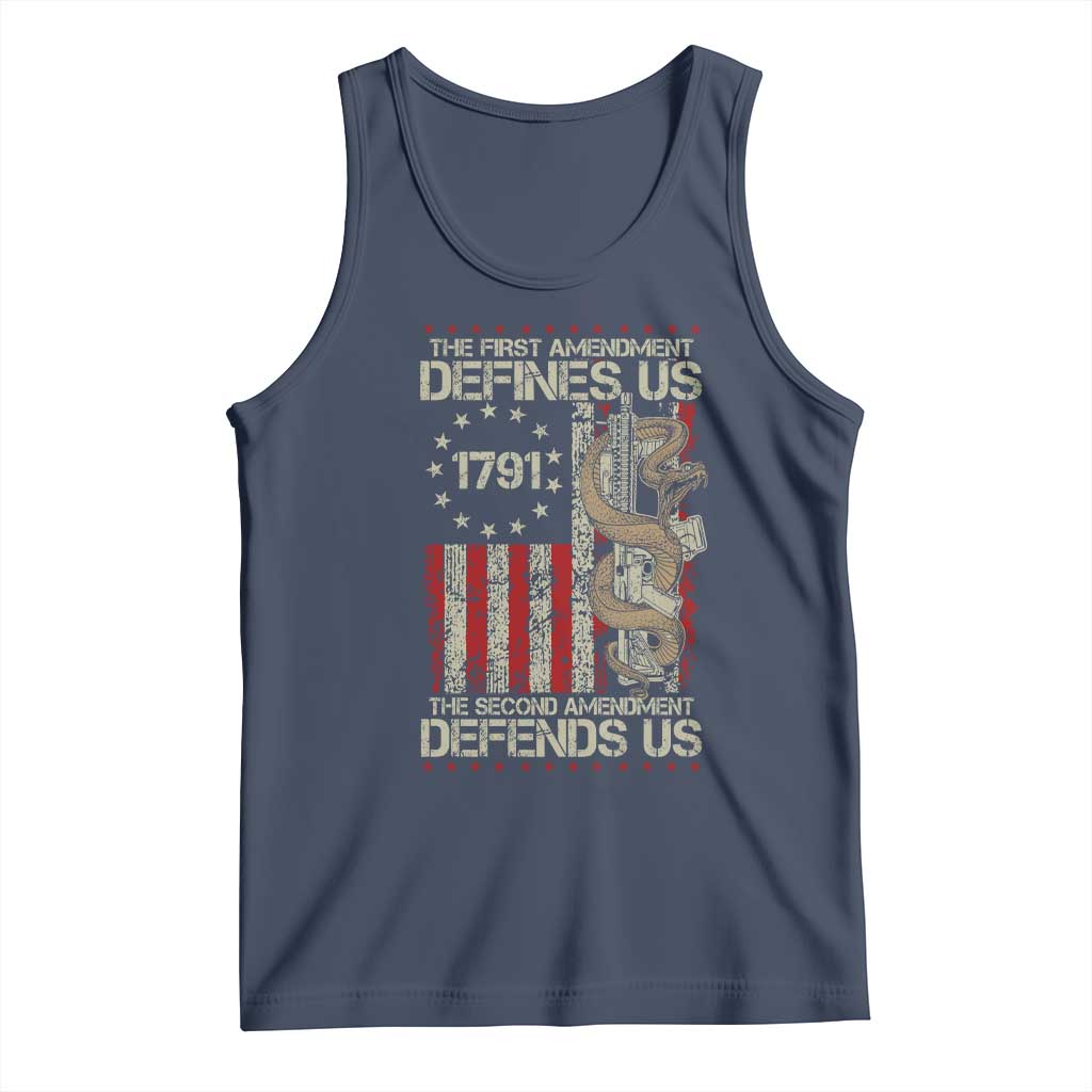 The First Amendment Defines Us The Second Defend Us Tank Top Vintage American Flag TS11 Navy Print Your Wear