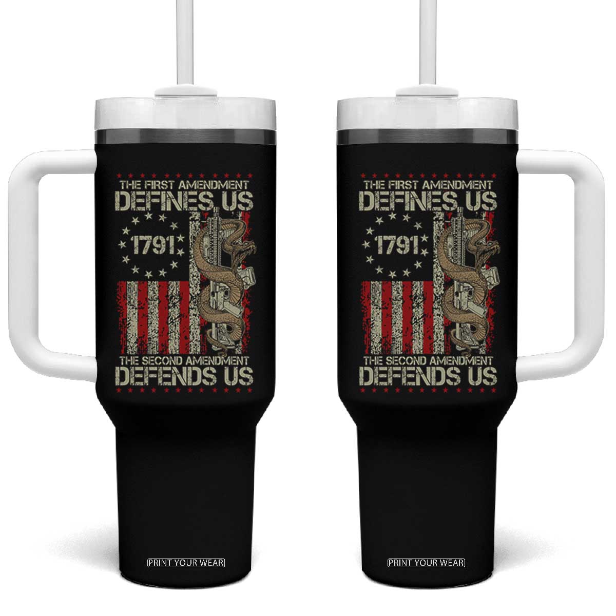 The First Amendment Defines Us The Second Defend Us Tumbler With Handle Vintage American Flag TS11 One Size: 40 oz Black Print Your Wear