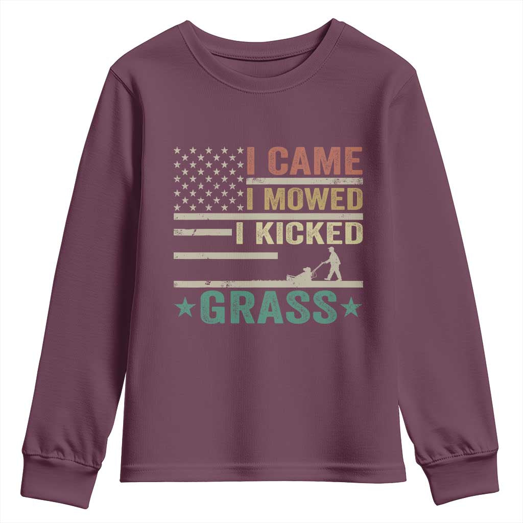 Funny I Came I Mowed I Kicked Grass Youth Sweatshirt Lawn Mowing Gardener TS11 Maroon Print Your Wear
