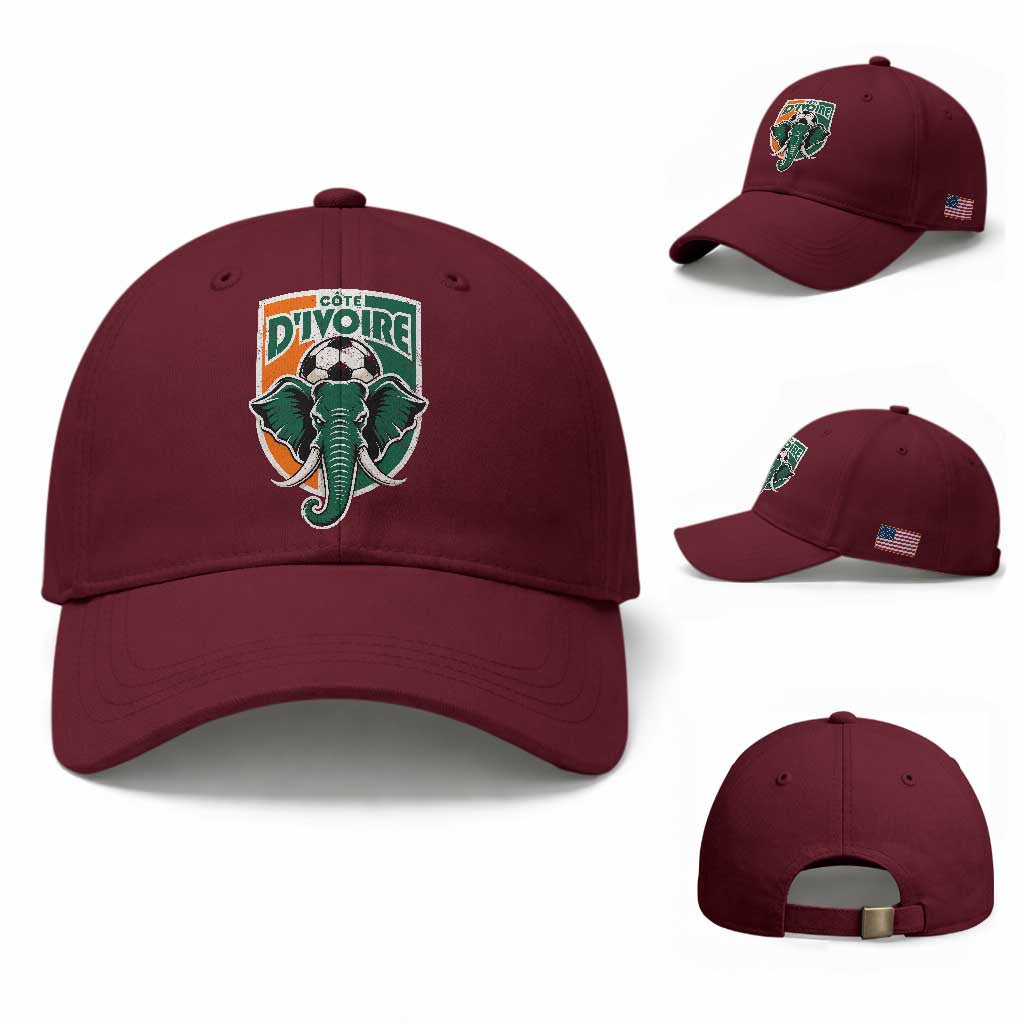 Côte D'ivoire Classic Ivory Coast Elephant Football Baseball Cap Ivorians Pride TS11 Baseball Cap Universal Fit Maroon Print Your Wear