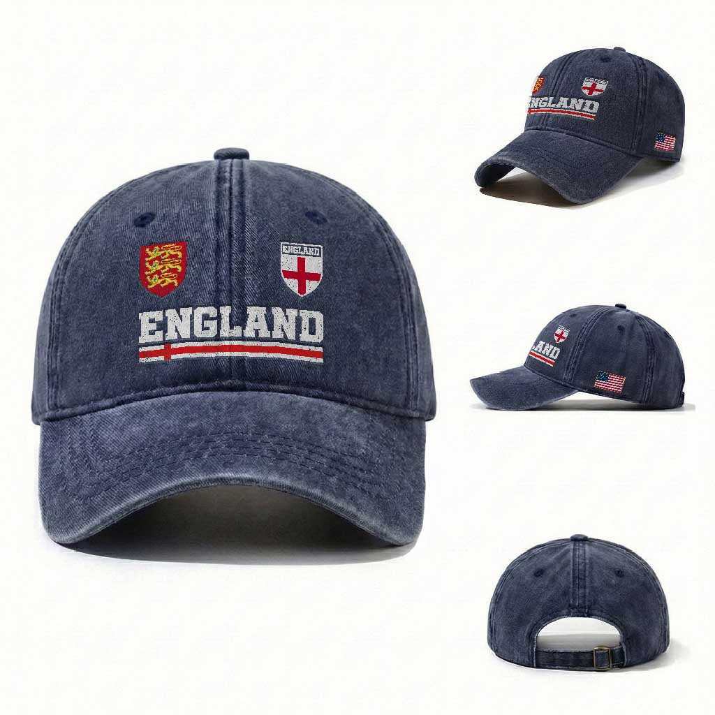 England Three Lions Symbol Red Cross Athletic Jersey Style Washed Cotton Baseball Cap TS11 Washed Cap Universal Fit Navy Print Your Wear