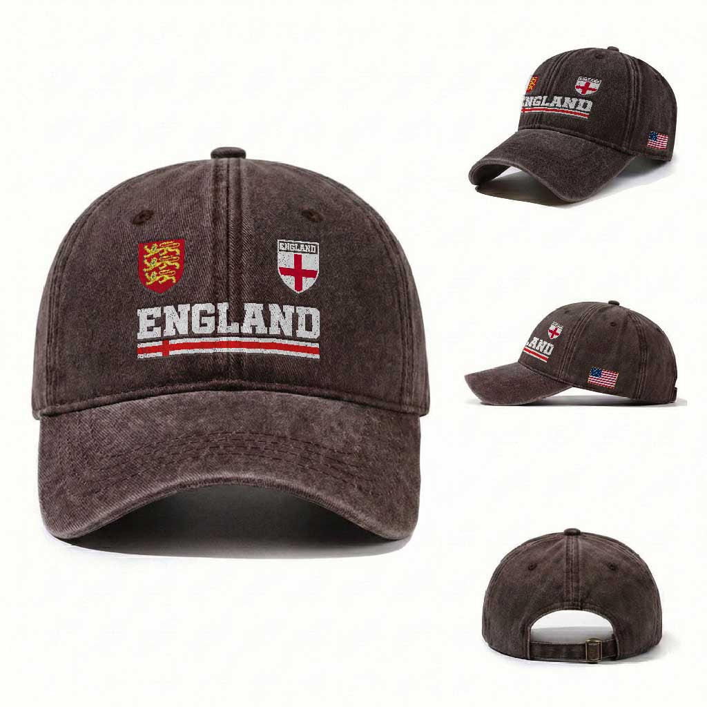 England Three Lions Symbol Red Cross Athletic Jersey Style Washed Cotton Baseball Cap TS11 Washed Cap Universal Fit Dark Brown Print Your Wear