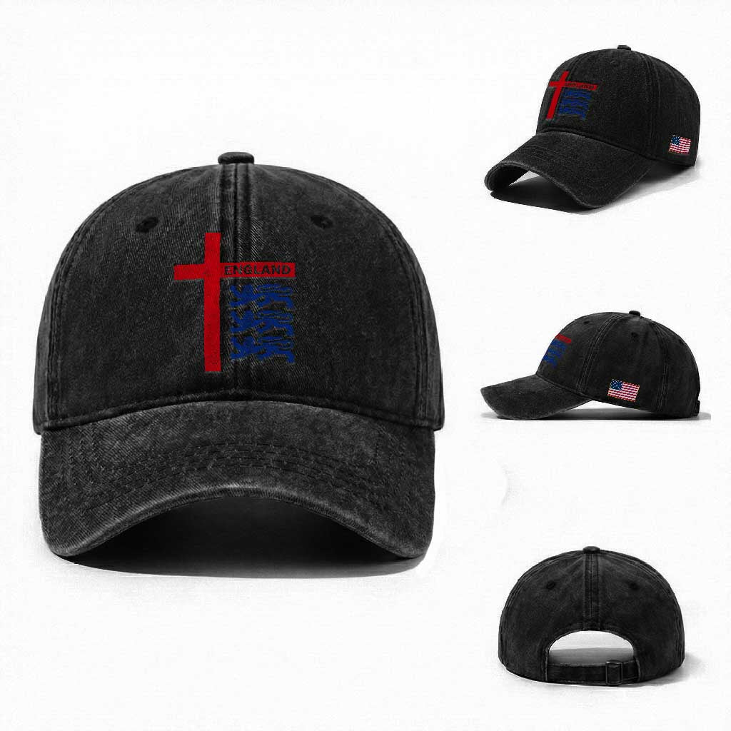 England Football St George Cross Three Lions Emblem Washed Cotton Baseball Cap TS11 Washed Cap Universal Fit Black Print Your Wear