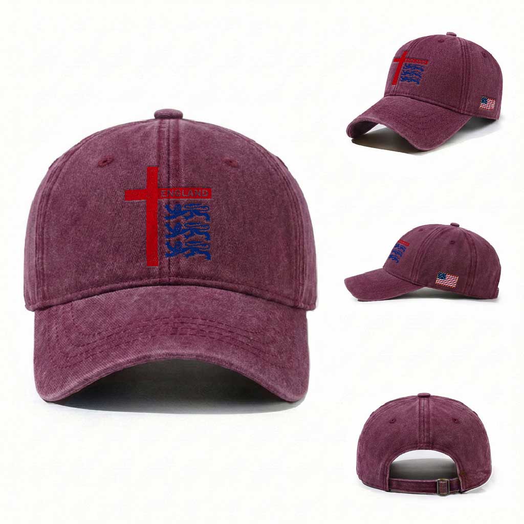 England Football St George Cross Three Lions Emblem Washed Cotton Baseball Cap TS11 Washed Cap Universal Fit Burgundy Print Your Wear