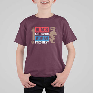 Harris 2024 T Shirt For Kid The First Woman South Asian Black Kamala Presidential Election TS11 Maroon Print Your Wear