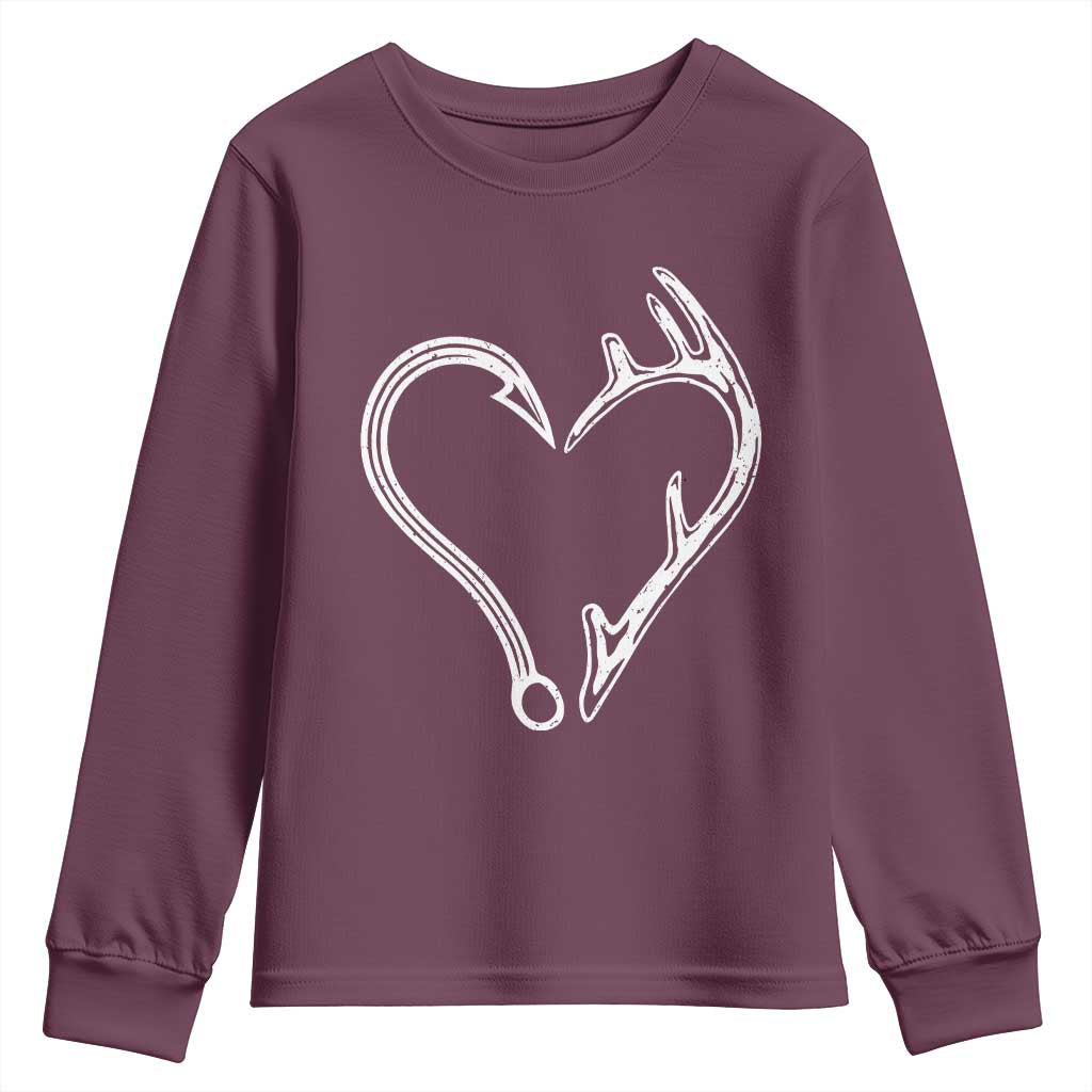 Fishing And Hunting Vintage Hook Antler Heart Youth Sweatshirt TS11 Maroon Print Your Wear