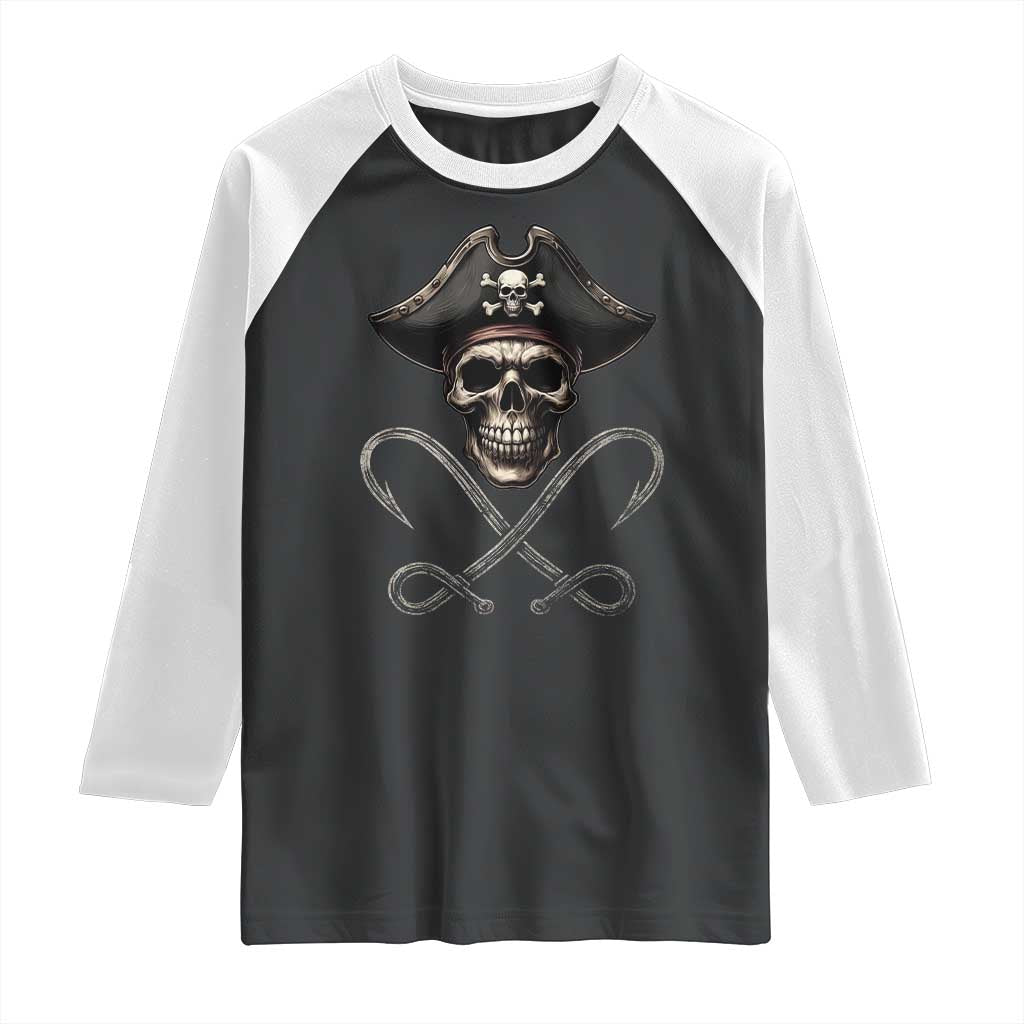 Funny Pirate Fishing Lover Raglan Shirt Vintage Pirate Skull Hooks Fishing TS11 Black White Print Your Wear