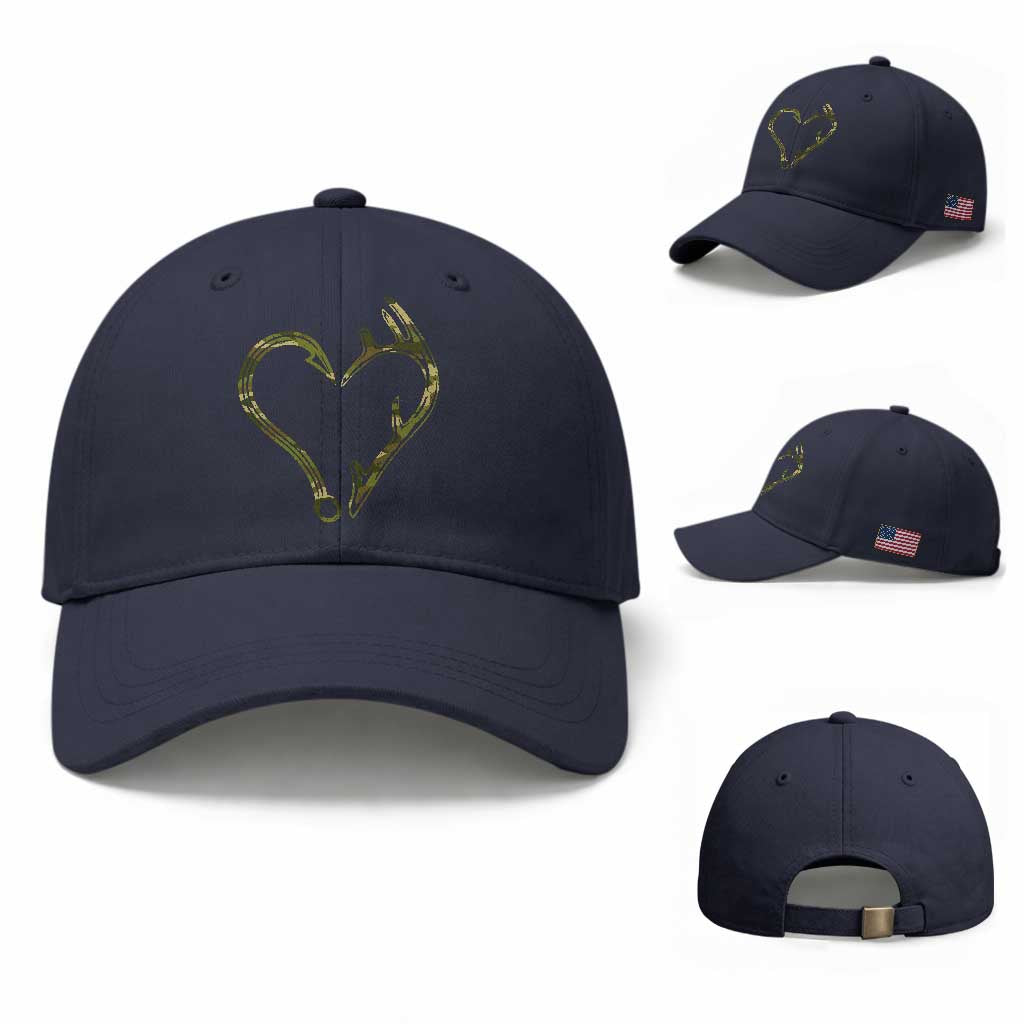Fishing And Hunting Vintage Camo Hook Antler Heart Baseball Cap TS11 Baseball Cap Universal Fit Navy Print Your Wear