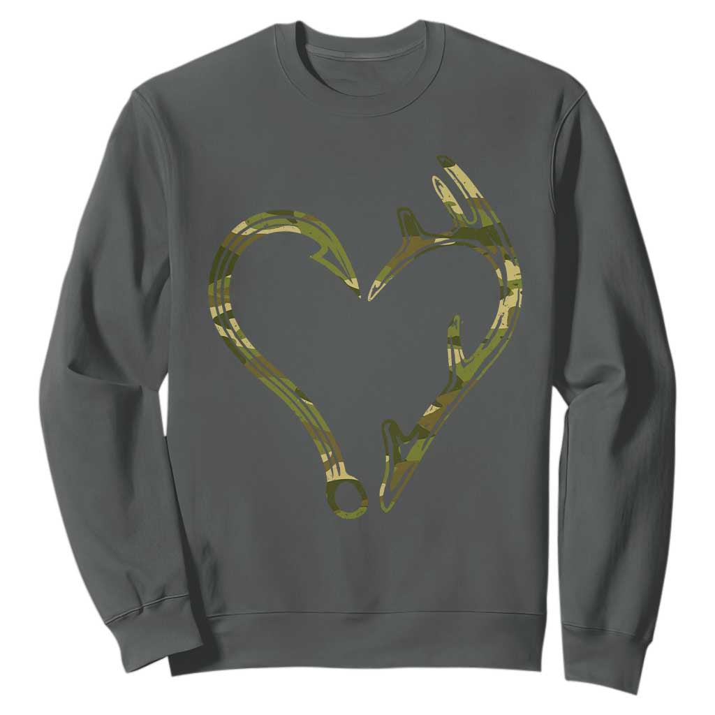 Fishing And Hunting Vintage Camo Hook Antler Heart Sweatshirt TS11 Dark Heather Print Your Wear