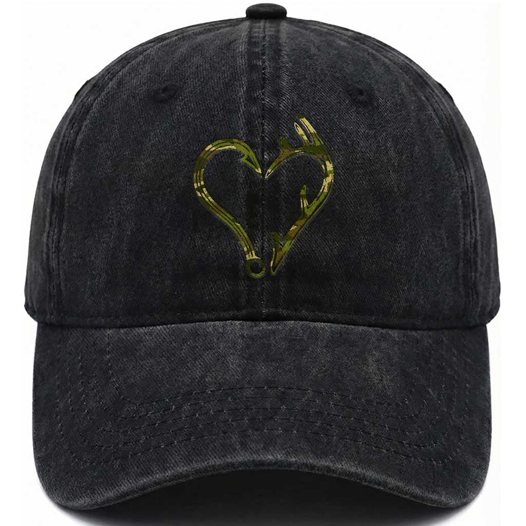 Fishing And Hunting Vintage Camo Hook Antler Heart Washed Cotton Baseball Cap TS11 Print Your Wear