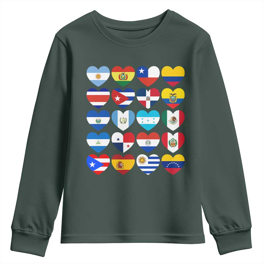 Hispanic Heritage Month Latin American Countries Heart Youth Sweatshirt TS11 Dark Forest Green Print Your Wear