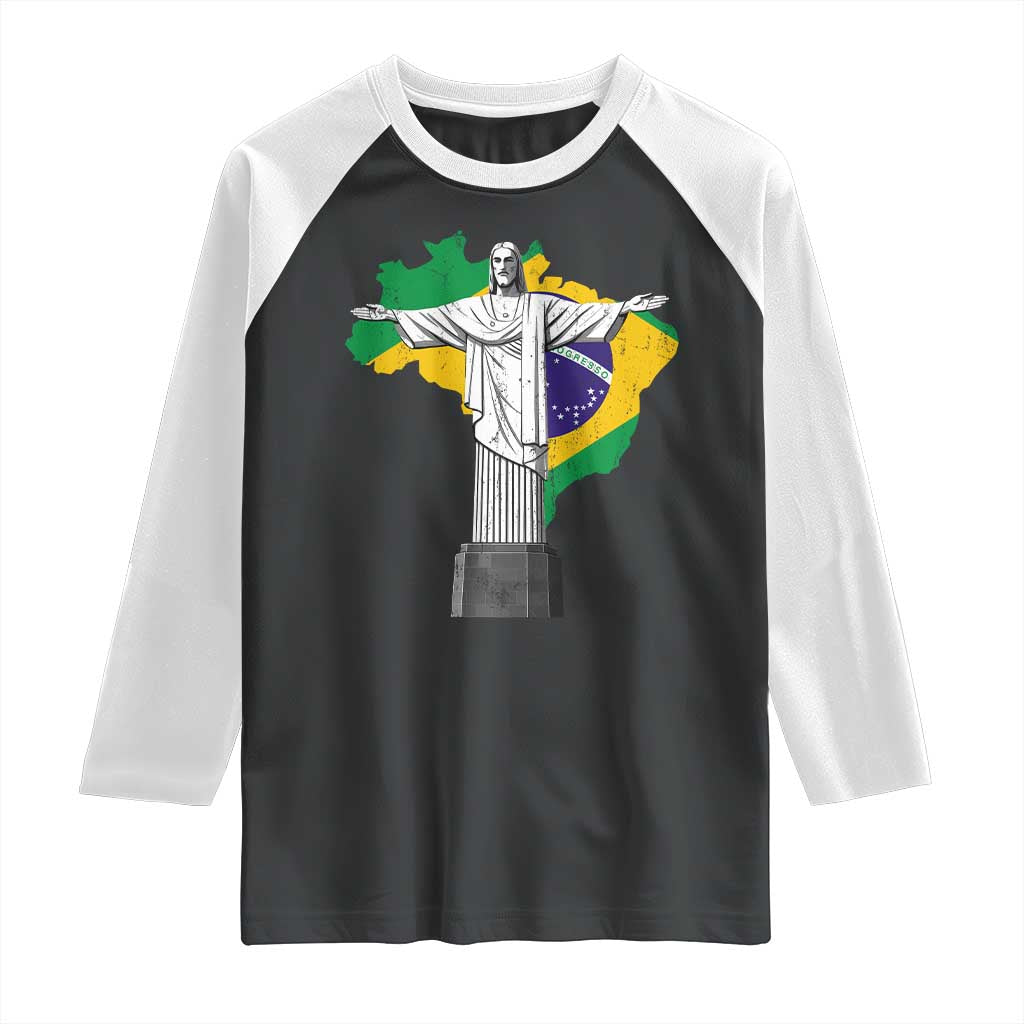 Brazilian Pride Christ the Redeemer Statue Latin America Brazil Map Raglan Shirt TS11 Black White Print Your Wear