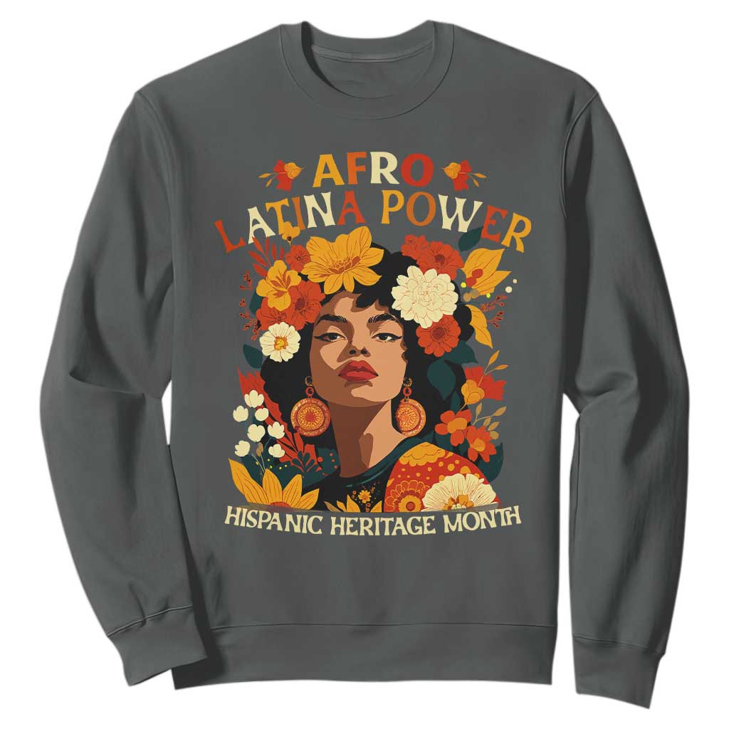 Afro Latina Power Sweatshirt Hispanic Heritage Month Flowers TS11 Dark Heather Print Your Wear