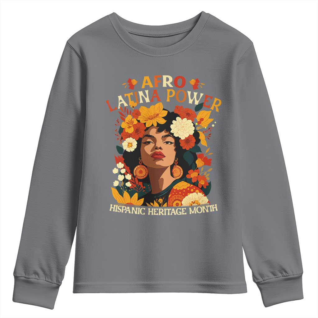 Afro Latina Power Youth Sweatshirt Hispanic Heritage Month Flowers TS11 Charcoal Print Your Wear