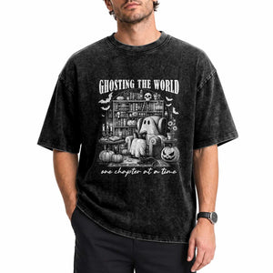 Funny Halloween Book Lover Washed Cotton T-Shirt Ghosting The World One Chapter At A Time