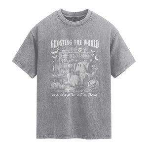 Funny Halloween Book Lover Washed Cotton T-Shirt Ghosting The World One Chapter At A Time