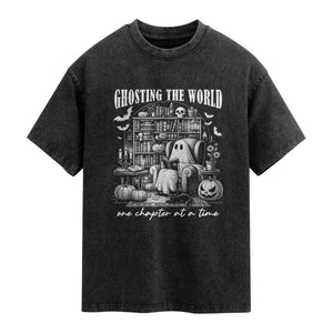 Funny Halloween Book Lover Washed Cotton T-Shirt Ghosting The World One Chapter At A Time