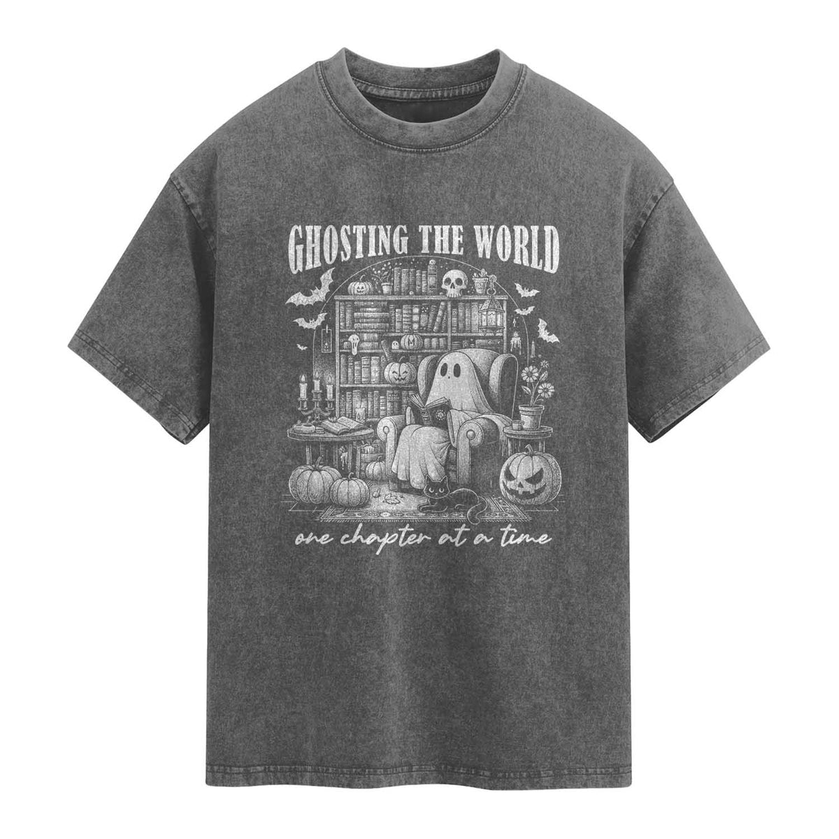 Funny Halloween Book Lover Washed Cotton T-Shirt Ghosting The World One Chapter At A Time