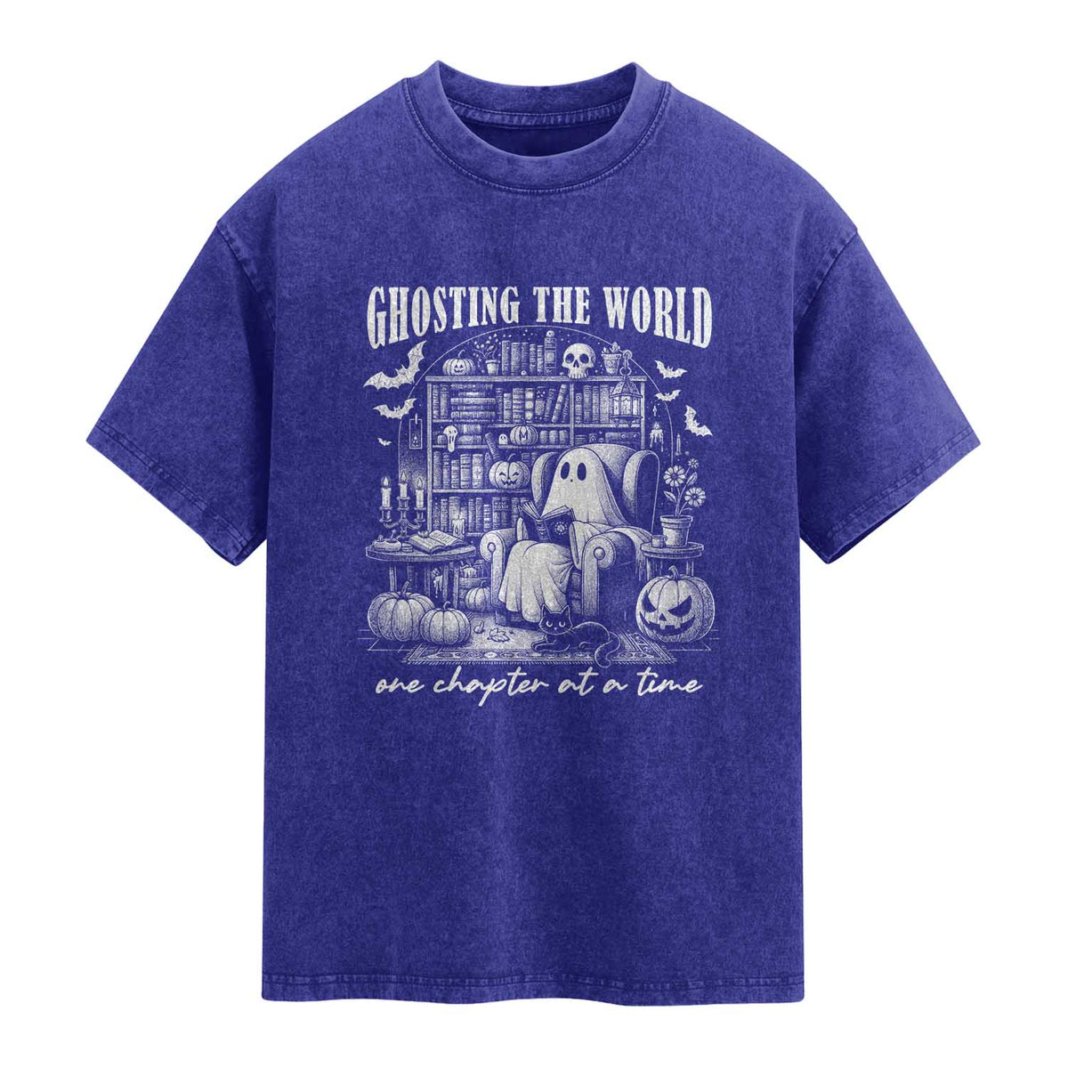 Funny Halloween Book Lover Washed Cotton T-Shirt Ghosting The World One Chapter At A Time
