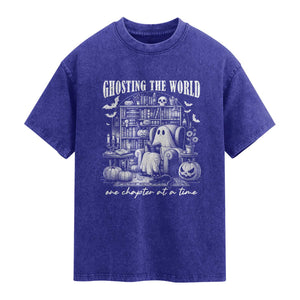 Funny Halloween Book Lover Washed Cotton T-Shirt Ghosting The World One Chapter At A Time