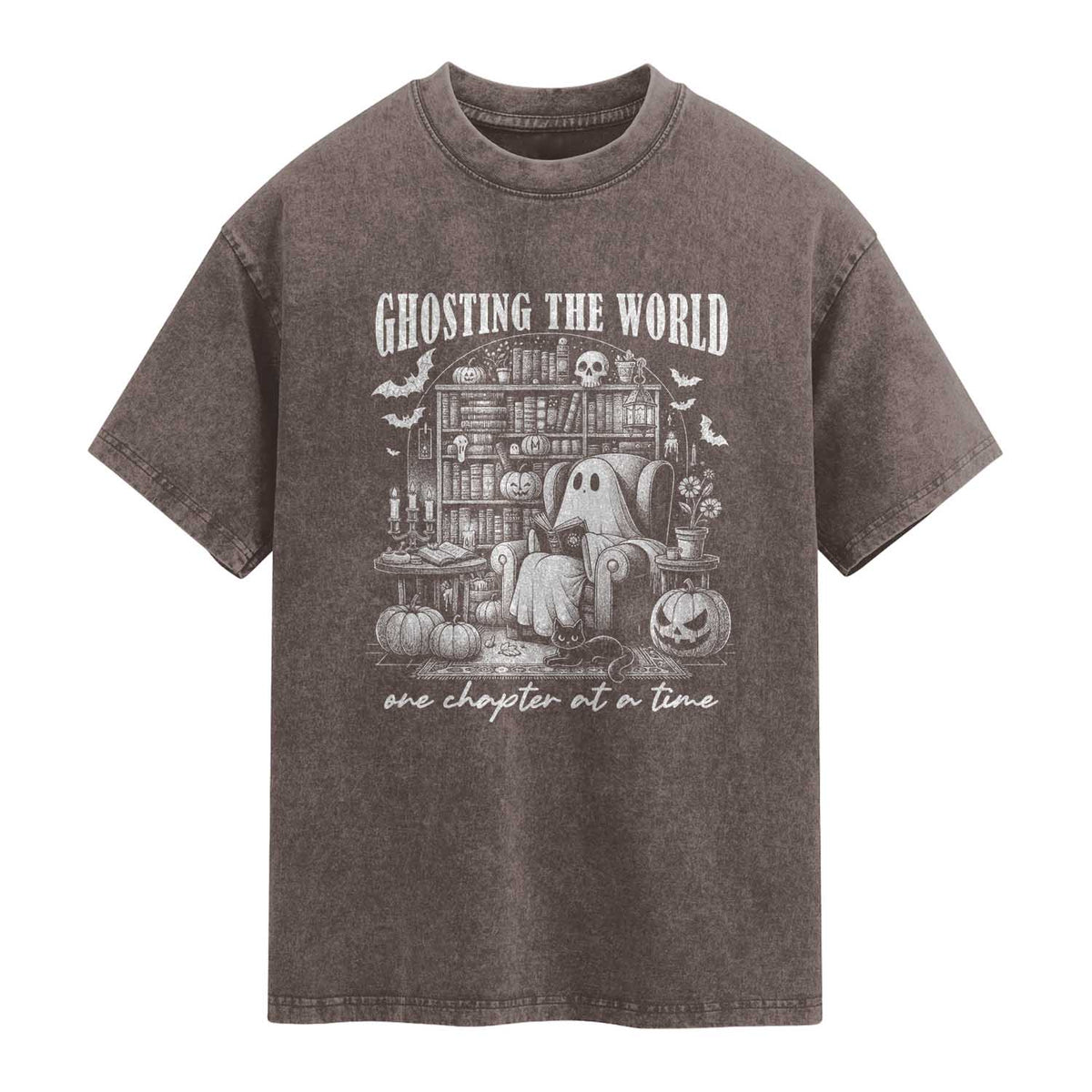Funny Halloween Book Lover Washed Cotton T-Shirt Ghosting The World One Chapter At A Time