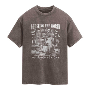 Funny Halloween Book Lover Washed Cotton T-Shirt Ghosting The World One Chapter At A Time