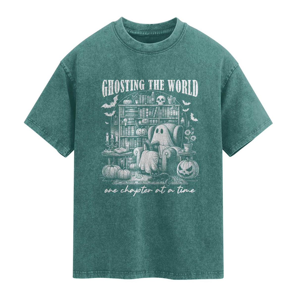 Funny Halloween Book Lover Washed Cotton T-Shirt Ghosting The World One Chapter At A Time