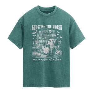 Funny Halloween Book Lover Washed Cotton T-Shirt Ghosting The World One Chapter At A Time
