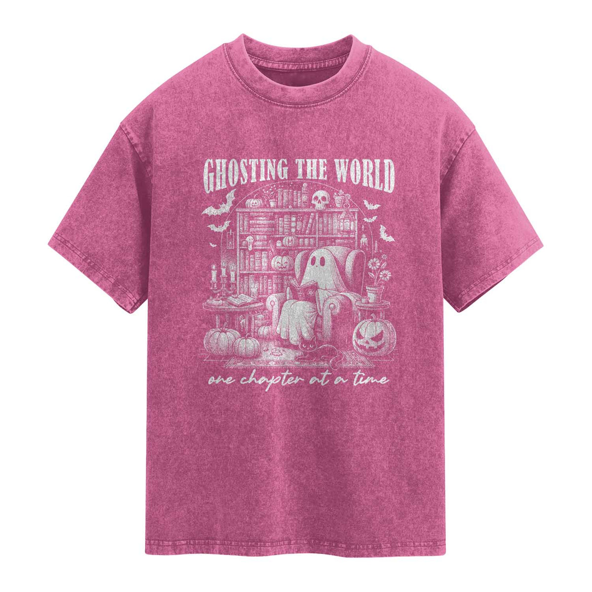 Funny Halloween Book Lover Washed Cotton T-Shirt Ghosting The World One Chapter At A Time